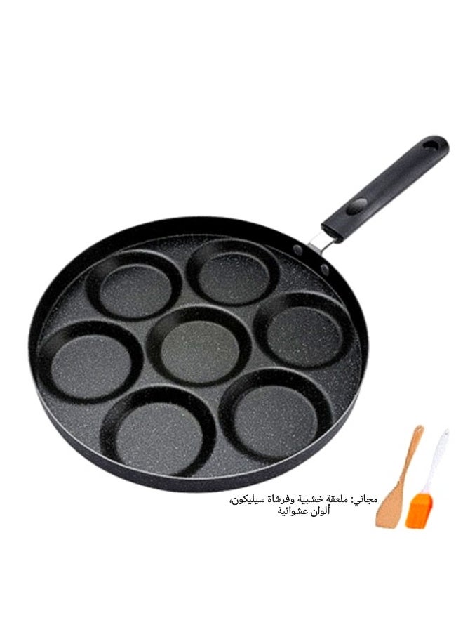 Kawkab Nonstick 7-Cup Pancake Maker Pan, Mini Pancake Griddle with PFOA-Free Coating, Kids’ Breakfast Cooking Pan, Includes Silicone Brush,Wooden shovel, Gas Stove Compatible, Black - Image 1